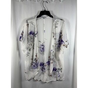 IRIS White Floral Kimono Cardigan Sheer Short Sleeve‎ Women's Size S